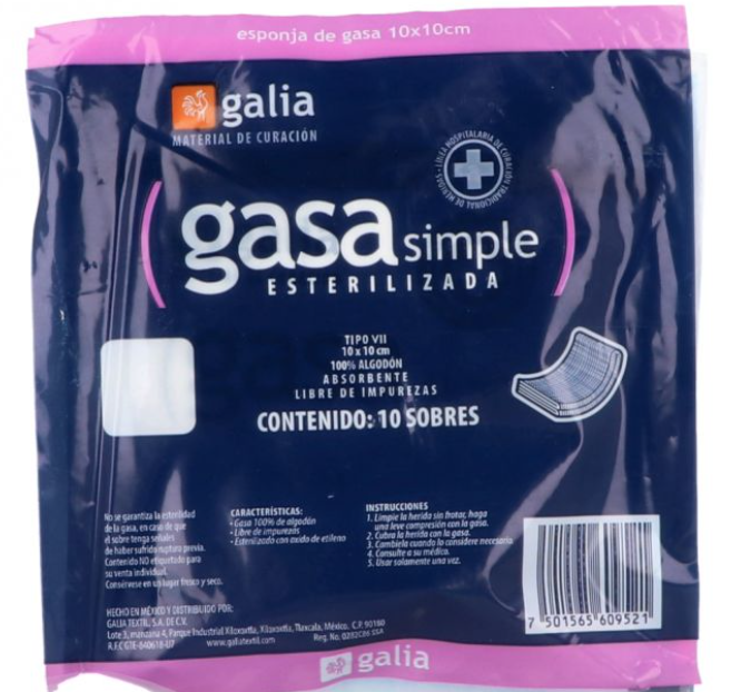 GASA SIMPLE ESTÉRIL (Galia) 10x10cm. T20x12, 8C. Bolsa c/10 Sobs.