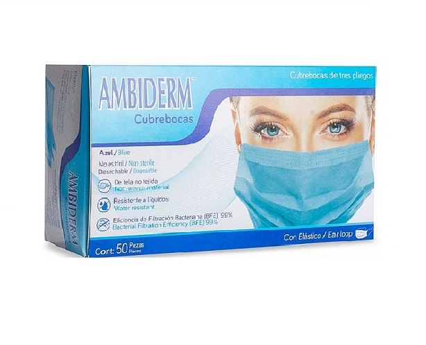 CUBREBOCAS ADULTO DCHBLE. 3 PLIEGUES Col. Azul (Ambiderm) Cja. c/50 Pzs.