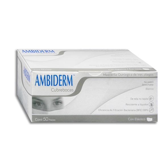 CUBREBOCAS ADULTO DCHBLE. 3 PLIEGUES Col. Blanco (Ambiderm) Cja. c/50 Pzs.