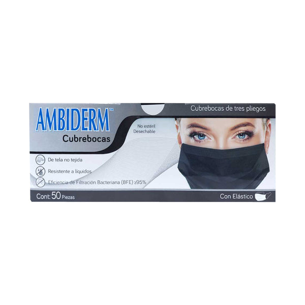 CUBREBOCAS ADULTO DCHBLE. 3 PLIEGUES Col. Negro (Ambiderm) Cja. c/50 Pzs.