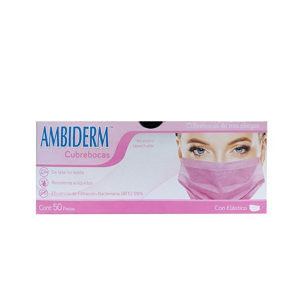 CUBREBOCAS ADULTO DCHBLE. 3 PLIEGUES Col. Rosa (Ambiderm) Cja. c/50 Pzs.