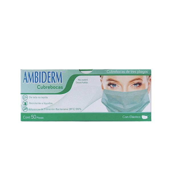 CUBREBOCAS ADULTO DCHBLE. 3 PLIEGUES Col. Verde (Ambiderm) Cja. c/50 Pzs.