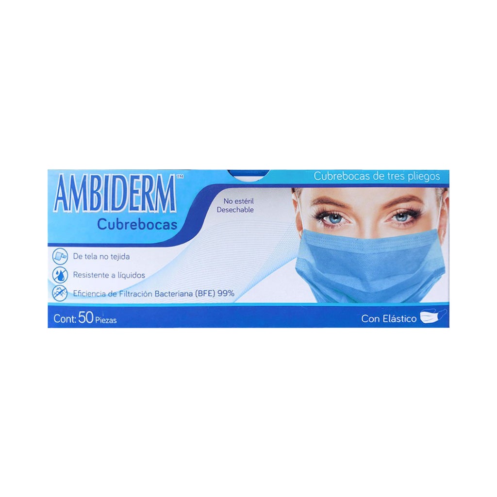 CUBREBOCAS INFANTIL DCHBLE. 3 PLIEGUES Col. Azul (Ambiderm) Cja. c/50 Pzs.